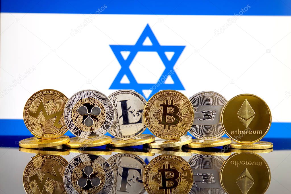 Physical version of Cryptocurrencies (Monero, Ripple, Litecoin, Bitcoin, Dash, Ethereum) and Israel Flag.