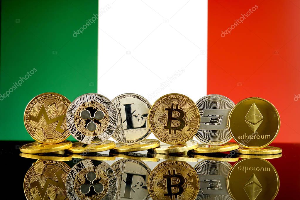Physical version of Cryptocurrencies (Monero, Ripple, Litecoin, Bitcoin, Dash, Ethereum) and Italy Flag.