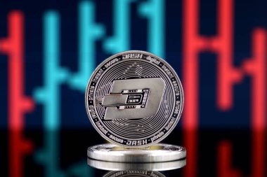Dash (çizgi), yeni sanal para fiziksel sürümü. Dünya çapında cryptocurrency ve dijital ödeme sistemi için kavramsal görüntü.