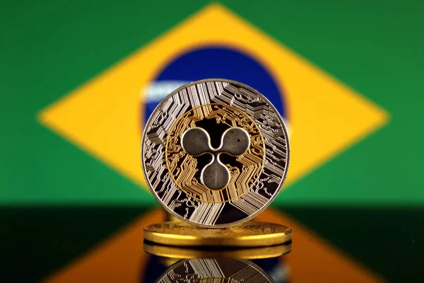 Wersja Pudełkowa Marszczyć Xrp Nowe Wirtualne Pieniądze Flaga Brazylii Obraz — Zdjęcie stockowe