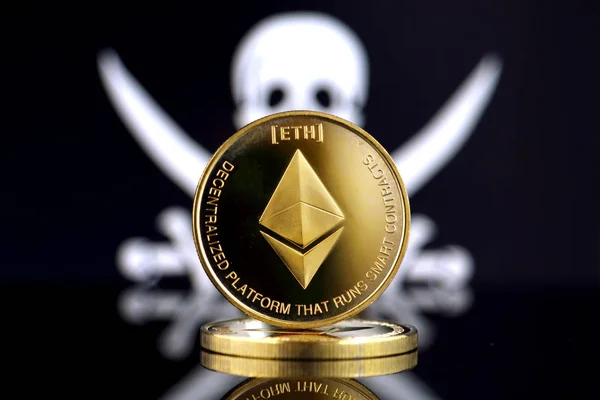 Physical version of Ethereum (ETH), new virtual money and Pirate Flag. Risk, safety and security. Studio shot.