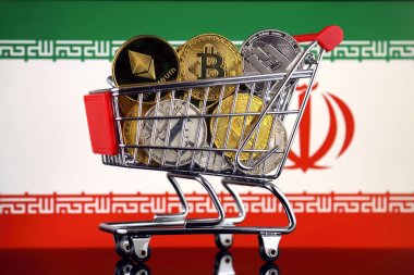 Alışveriş arabası Cryptocurrencies (Bitcoin, Litecoin, çizgi, Ethereum) ve Iran bayrağı fiziksel sürümü tam.