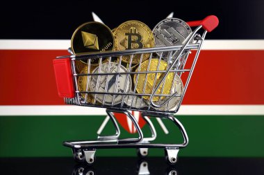 Alışveriş arabası Cryptocurrencies (Bitcoin, Litecoin, çizgi, Ethereum) ve Kenya bayrak fiziksel sürümü tam.
