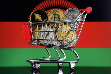 Alışveriş arabası Cryptocurrencies (Bitcoin, Litecoin, çizgi, Ethereum) ve Malavi bayrak fiziksel sürümü tam.