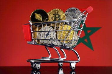 Alışveriş arabası Cryptocurrencies (Bitcoin, Litecoin, çizgi, Ethereum) ve Fas bayrak fiziksel sürümü tam.