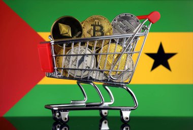 Alışveriş arabası Cryptocurrencies (Bitcoin, Litecoin, çizgi, Ethereum) ve Sao Tome ve Principe bayrak fiziksel sürümü tam.