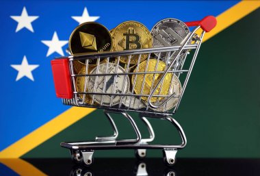 Alışveriş arabası Cryptocurrencies (Bitcoin, Litecoin, çizgi, Ethereum) ve Solomon Adaları bayrağı fiziksel sürümü tam.