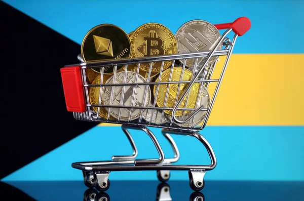 Alışveriş Arabası Cryptocurrencies Bitcoin Litecoin Çizgi Ethereum Bahamalar Bayrağı Fiziksel — Stok fotoğraf