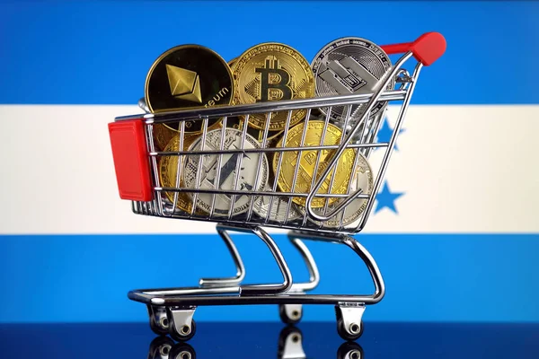 트롤리 Cryptocurrencies Bitcoin Litecoin 온두라스 국기의 버전의 — 스톡 사진
