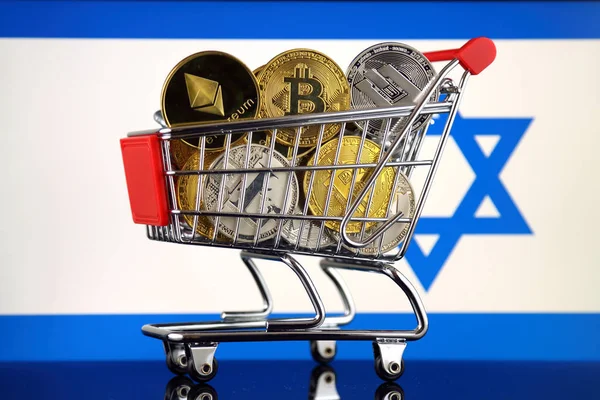Shopping Trolley Full Physical Version Cryptocurrencies Bitcoin Litecoin Dash Ethereum — Stock Photo, Image