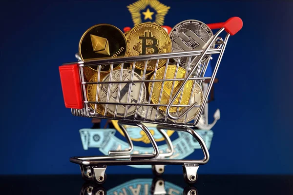 Покупки Візки Повного Фізичного Версії Cryptocurrencies Bitcoin Litecoin Тире Ethereum — стокове фото