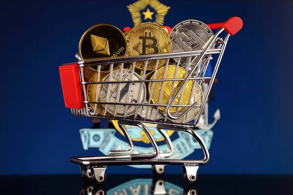 Carro Compras Lleno Versión Física Criptomonedas Bitcoin Litecoin Dash Ethereum — Foto de Stock