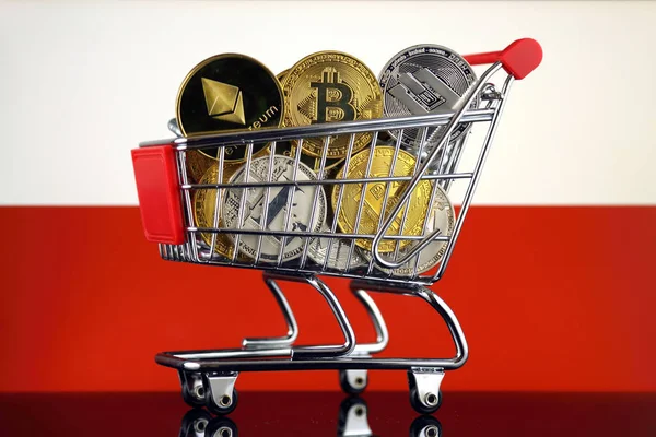 Winkelwagentje Vol Met Fysieke Versie Van Cryptocurrencies Bitcoin Litecoin Dash — Stockfoto