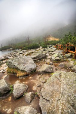 Polonya Yüksek Tatra Dağları 'ndaki Tatra Ulusal Parkı. Morskie Gölü (Deniz Gölü 'nün Gözü) sisli ve yağmurlu bir günde, Zakopane, Polonya, Avrupa.
