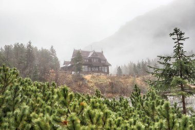 Polonya Yüksek Tatra Dağları 'ndaki Tatra Ulusal Parkı. Morskie Gölü (Deniz Gölü 'nün Gözü) sisli ve yağmurlu bir günde, Zakopane, Polonya, Avrupa.