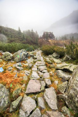 Polonya Yüksek Tatra Dağları 'ndaki Tatra Ulusal Parkı. Morskie Gölü (Deniz Gölü 'nün Gözü) sisli ve yağmurlu bir günde, Zakopane, Polonya, Avrupa.