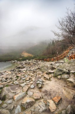 Polonya Yüksek Tatra Dağları 'ndaki Tatra Ulusal Parkı. Morskie Gölü (Deniz Gölü 'nün Gözü) sisli ve yağmurlu bir günde, Zakopane, Polonya, Avrupa.