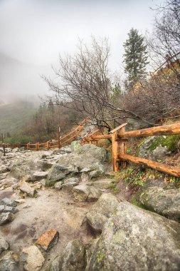 Polonya Yüksek Tatra Dağları 'ndaki Tatra Ulusal Parkı. Morskie Gölü (Deniz Gölü 'nün Gözü) sisli ve yağmurlu bir günde, Zakopane, Polonya, Avrupa.