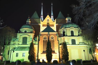 Wroclaw, Polonya - 15 Aralık 2019: Wroclaw, Polonya, Avrupa 'daki Aziz John Katedrali. Katedral Adası (Ostrow Tumski) şehrin en eski parçasıdır. Gece görünümü.