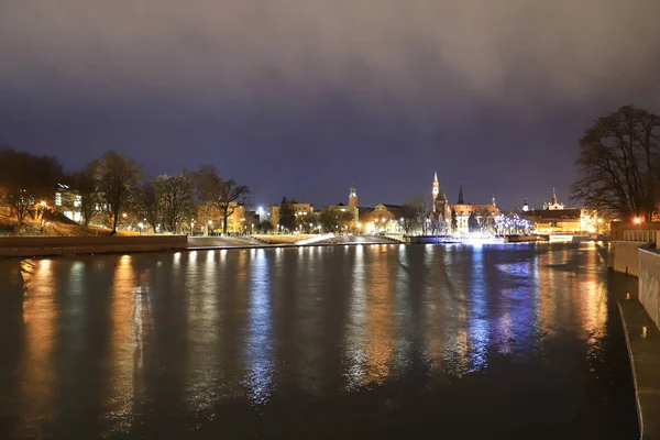 Wrocław Polska Grudnia 2019 Odra Nocy Wyspa Katedralna Ostrow Tumski — Zdjęcie stockowe