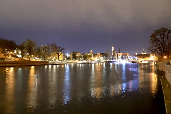 Vratislav Polsko Prosince 2019 Řeka Odra Noci Katedrála Island Ostrow — Stock fotografie