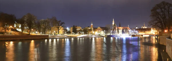 Wrocław Polska Grudnia 2019 Odra Nocy Wyspa Katedralna Ostrow Tumski — Zdjęcie stockowe