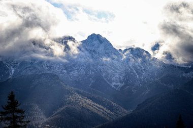 Zakopane, Polonya - Kasım 06, 2019: Sonbaharda Tatra Ulusal Parkı. Polonya Tatra Dağları, Zakopane, Polonya ve Avrupa 'da güneşli ve bulutlu manzara.