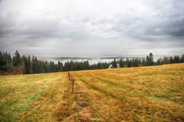 Fırtınalı havada Tatra Ulusal Parkı. Polonya Tatra Dağlarının Panorama 'sı, sisli ve yağmurlu bir günde, Zakopane, Polonya, Avrupa.