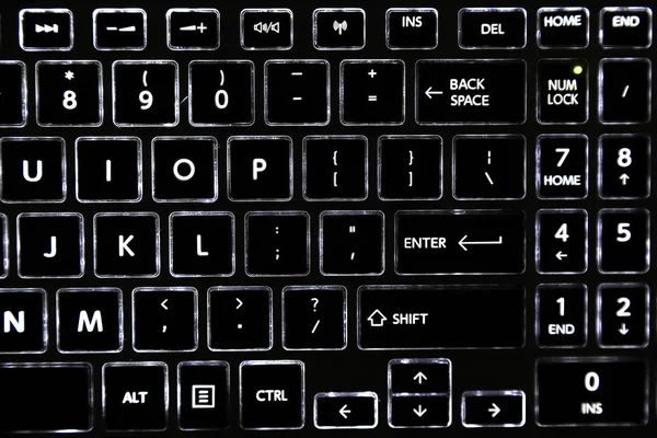 Close Black Laptop Keyboard Led Backlit Keyboard Buttons — Stock Photo, Image