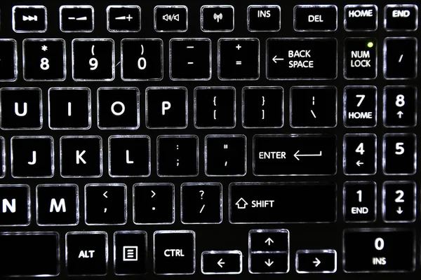 Close Teclado Portátil Preto Com Botões Teclado Led Retroiluminado — Fotografia de Stock