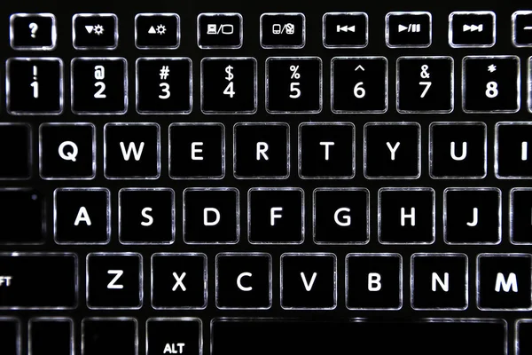 Close Black Laptop Keyboard Led Backlit Keyboard Buttons — 스톡 사진