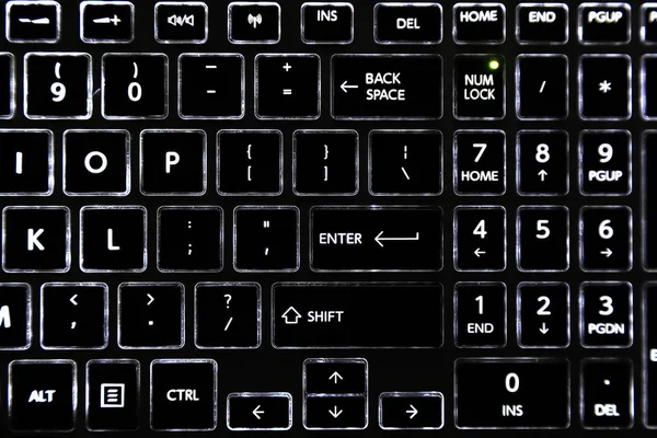 Close Teclado Portátil Preto Com Botões Teclado Led Retroiluminado — Fotografia de Stock