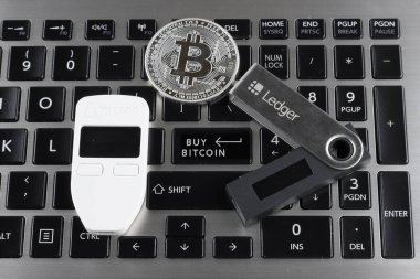Wroclaw, Polonya - 28 Ocak 2020: Bitcoin (Btc), Trezor ve Ledger 'ın (şifreli para birimi donanım cüzdanları) fiziki versiyonu ve giriş tuşuna yazılmış Bitcoin al.