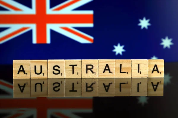 Australien Flagga Och Land Namn Gjorda Små Träbokstäver Studioinspelning — Stockfoto