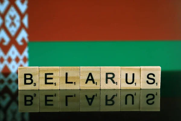Fehéroroszország Zászló Ország Neve Készült Kis Fából Készült Betűkkel Stúdió — Stock Fotó