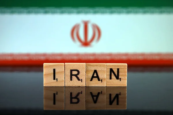 Bandeira Irã Nome País Feito Pequenas Letras Madeira Estúdio — Fotografia de Stock