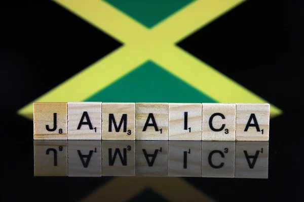 Jamaica Bandera Nombre País Pequeñas Letras Madera Captura Estudio — Foto de Stock