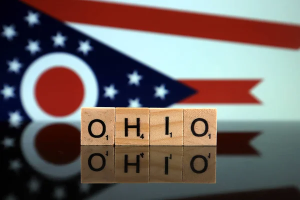 Ohio State Drapeau Nom État Faits Petites Lettres Bois Plan — Photo