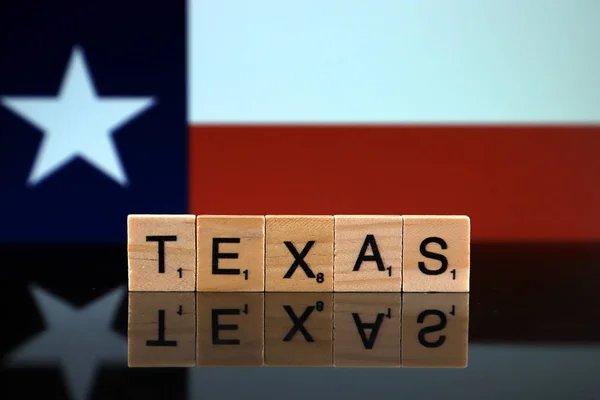 Bandeira Estado Texas Nome Estado Feito Pequenas Letras Madeira Estúdio — Fotografia de Stock