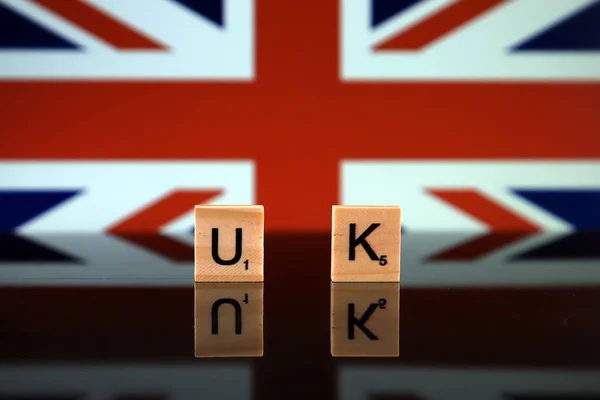 Reino Unido Bandera Palabra Reino Unido Hecha Pequeñas Letras Madera —  Fotos de Stock