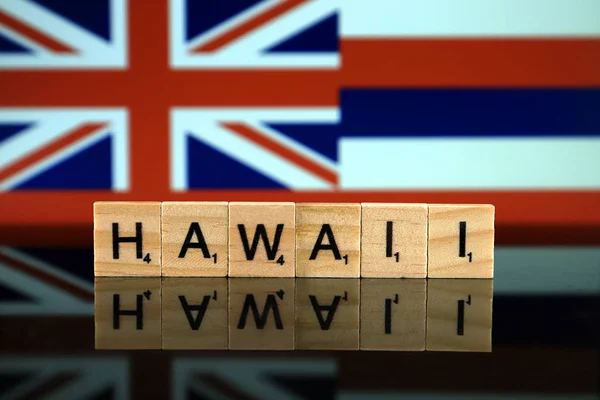 Hawaii Drapeau Nom État Faits Petites Lettres Bois Plan Studio — Photo