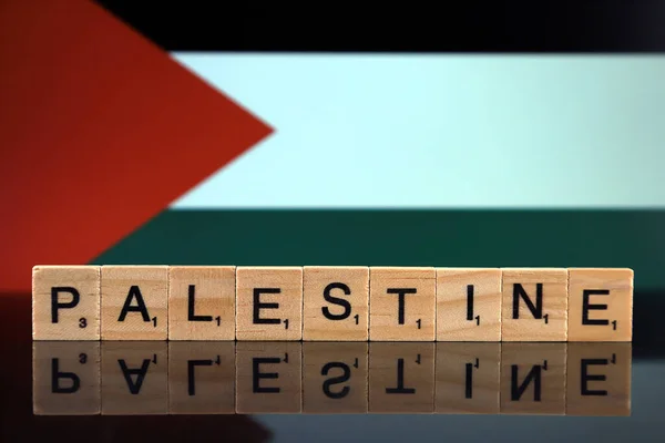 Palestina Bandera Nombre País Pequeñas Letras Madera Captura Estudio —  Fotos de Stock