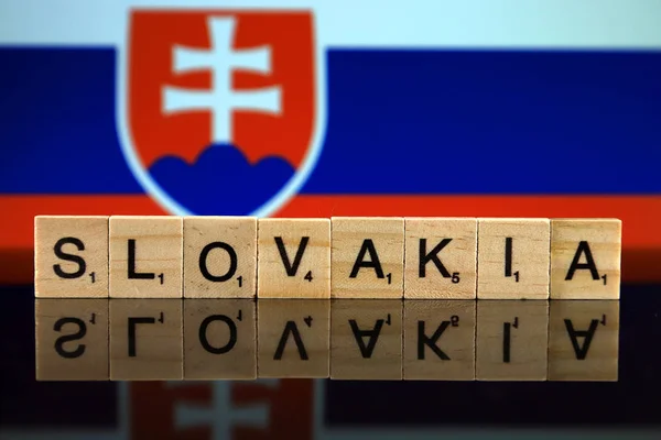 Slovakia Flag Country Name Made Small Wooden Letters Studio Shot — Stok fotoğraf