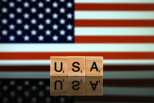 United States Flag Country Name Made Small Wooden Letters Studio — Stock Photo, Image