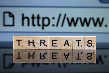 Wroclaw, Polonya - 12 Şubat 2020: Küçük tahta harflerden yapılmış kelime tehditleri ve arka planda Http Www işareti. Stüdyo çekimi.