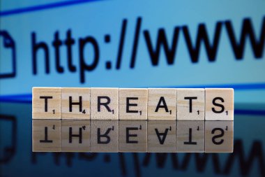 Wroclaw, Polonya - 12 Şubat 2020: Küçük tahta harflerden yapılmış kelime tehditleri ve arka planda Http Www işareti. Stüdyo çekimi.