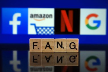 Wroclaw, Polonya - 12 Şubat 2020: Word Fang küçük tahta harflerden ve Facebook, Amazon, Netflix, Google logolarından oluşmuştur. Stüdyo çekimi.