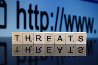 Wroclaw, Polonya - 12 Şubat 2020: Küçük tahta harflerden yapılmış kelime tehditleri ve arka planda Http Www işareti. Stüdyo çekimi.