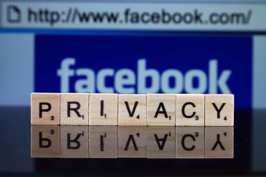 Wroclaw, Polonya - 12 Şubat 2020: Küçük tahta harflerden yapılmış Kelime Gizliliği ve arka planda Facebook logosu. Stüdyo çekimi.