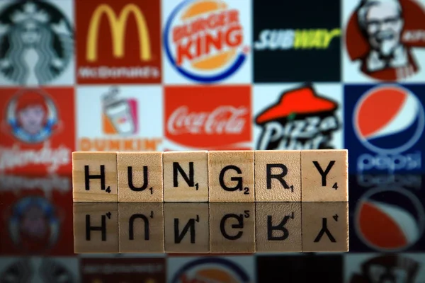 Wroclaw Poland February 2020 Word Hungry Made Wooden Letters Starbucks — Stockfoto